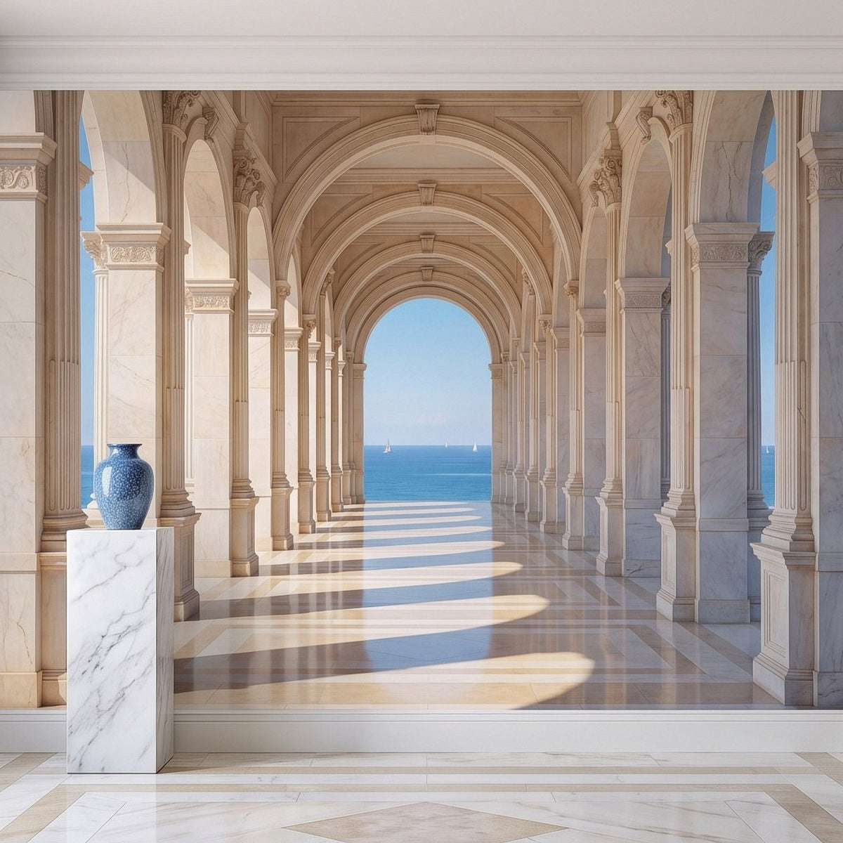 Classical arched colonnade wall mural with blue sea vista down a long walkway