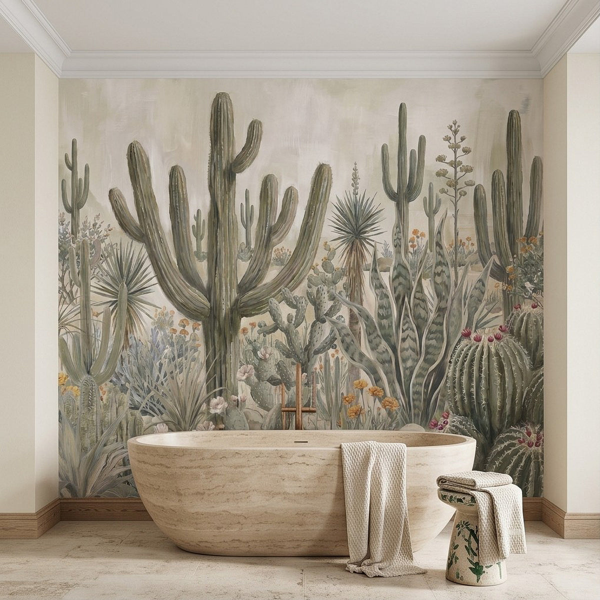 Cactus wall mural behind a freestanding bathtub with towels and small toiletries