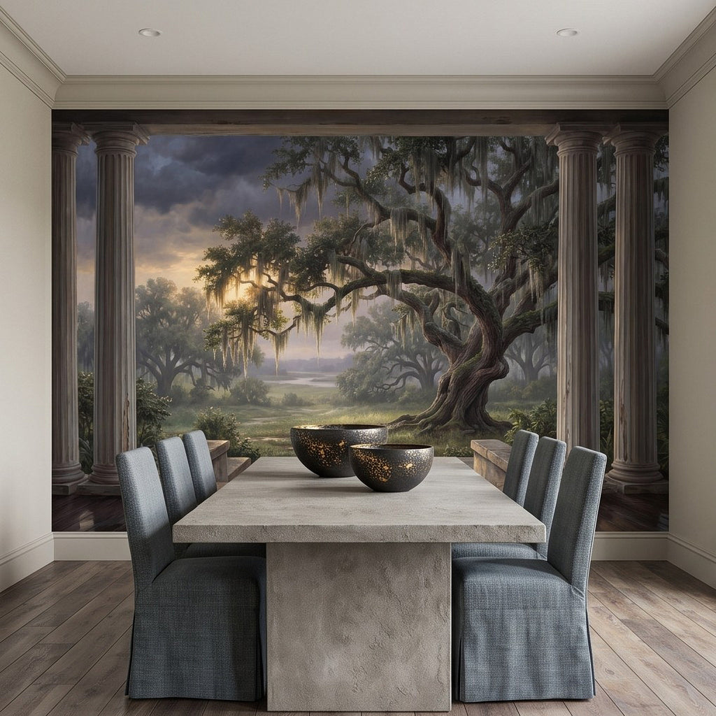 Wall mural showing oak tree with Spanish moss and columns framing a garden landscape