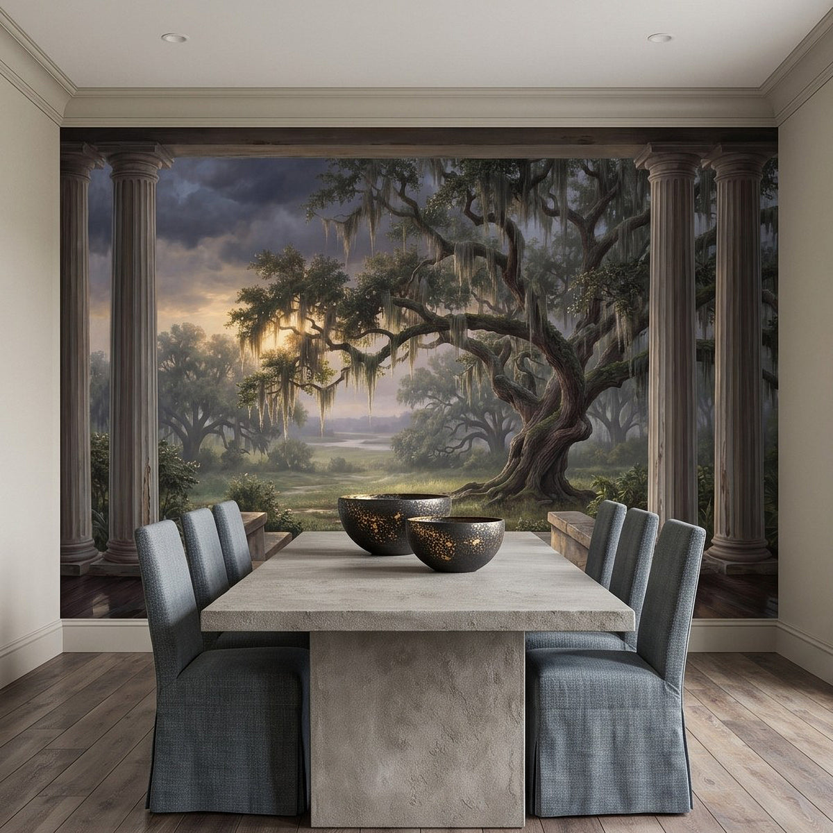 Wall mural showing oak tree with Spanish moss and columns framing a garden landscape
