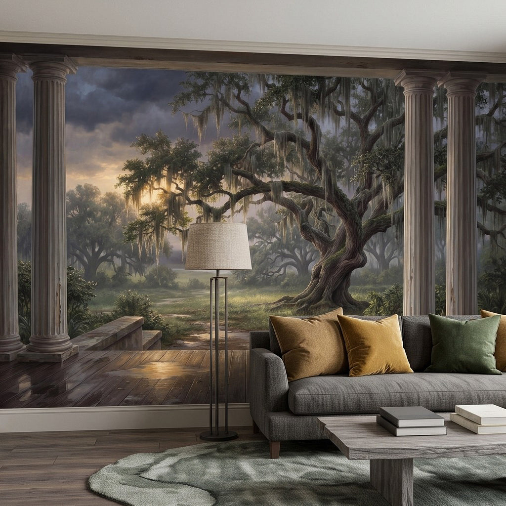 Wall mural on porch wall with Spanish moss oak tree and flanking classical columns