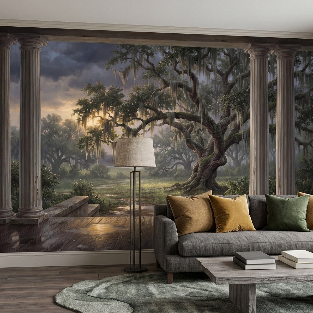 Wall mural on porch wall with Spanish moss oak tree and flanking classical columns