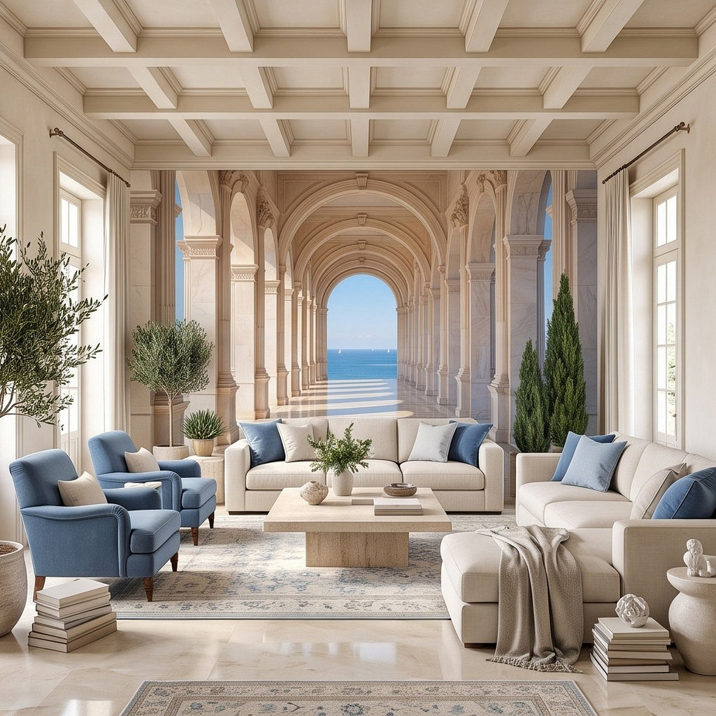 Sunlit classical arch wall mural with tall columns and blue sea visible down the hall