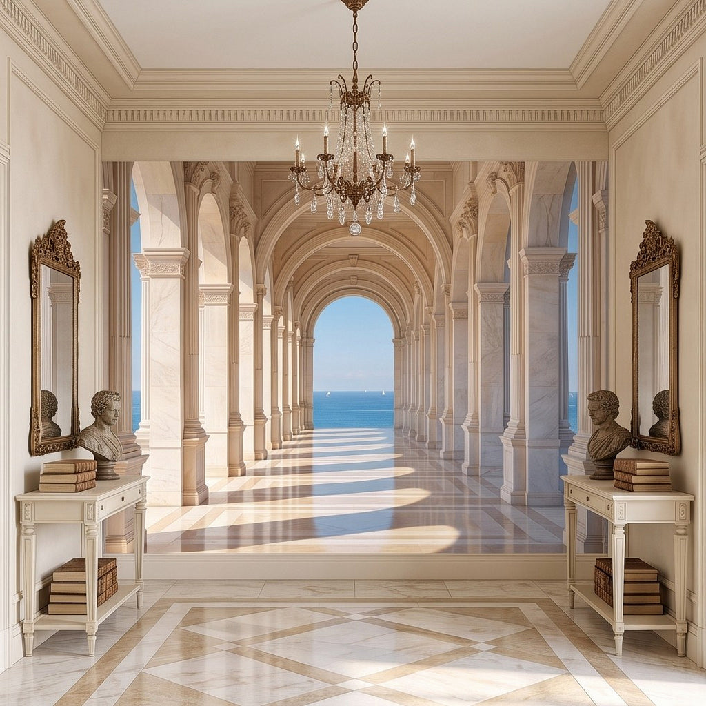 Wall mural of a grand arched hallway with sea horizon framed by columns