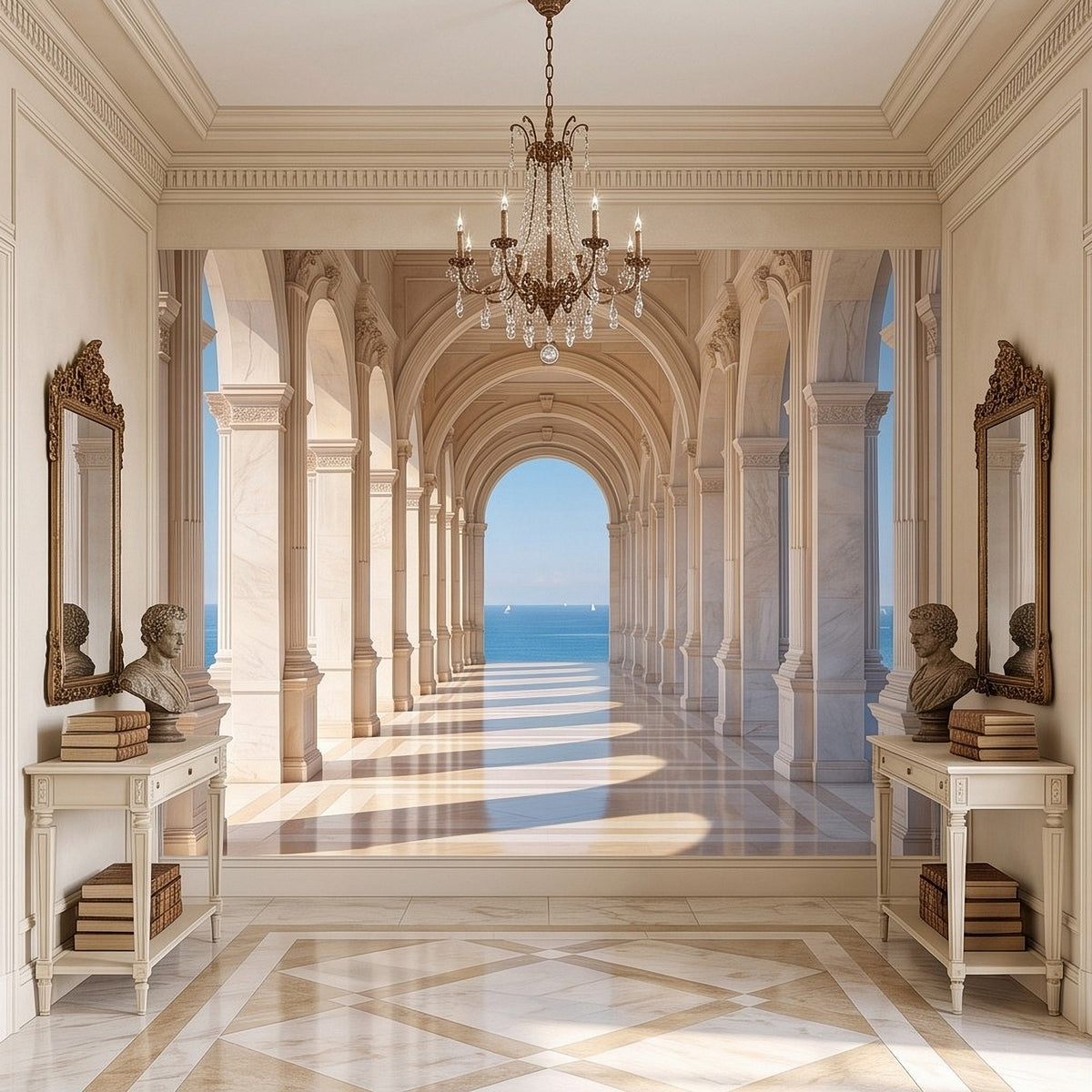 Wall mural of a grand arched hallway with sea horizon framed by columns