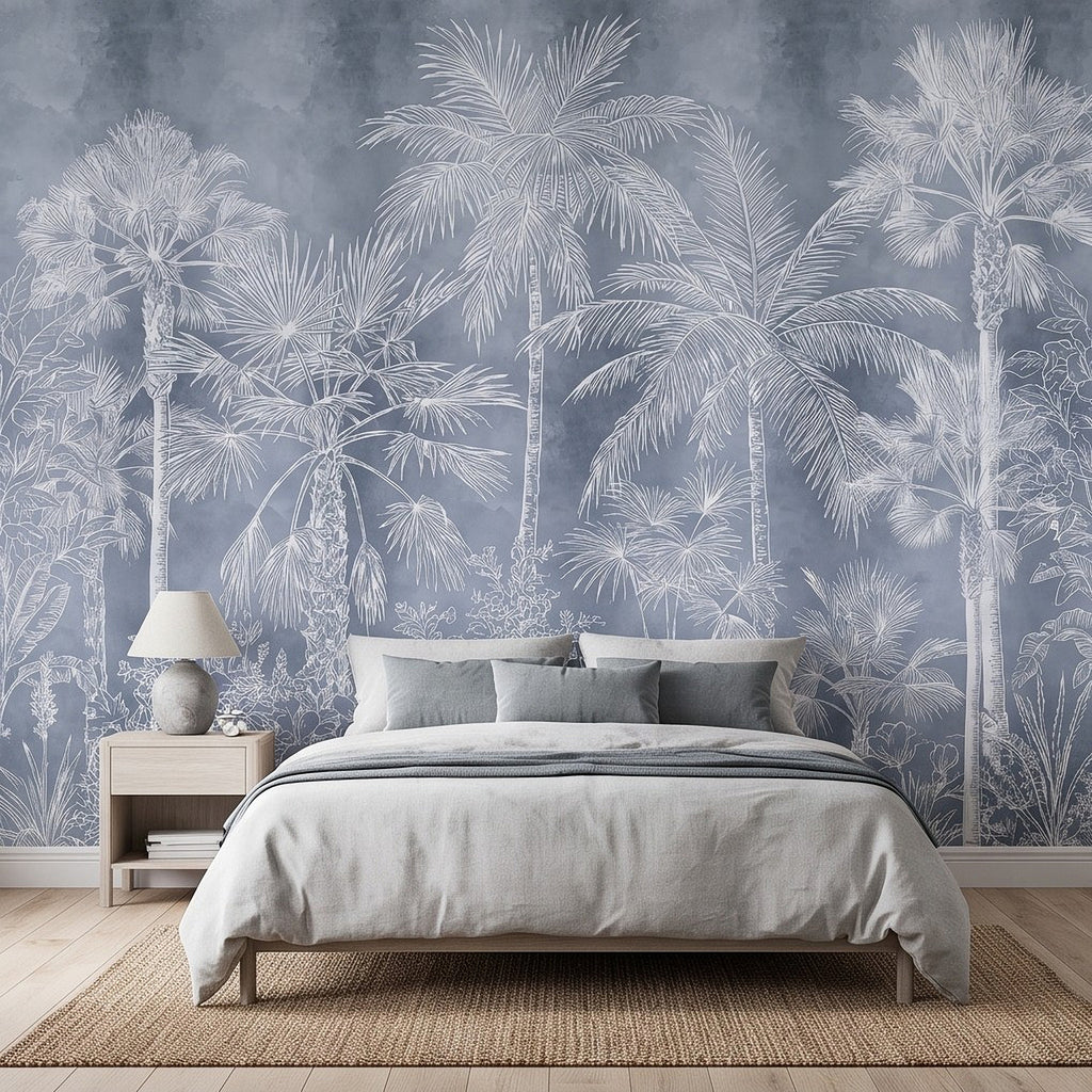 Blue and white palm tree wall mural behind bed with airy jungle details