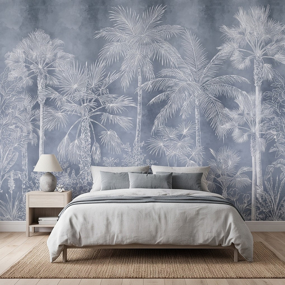 Blue and white palm tree wall mural behind bed with airy jungle details