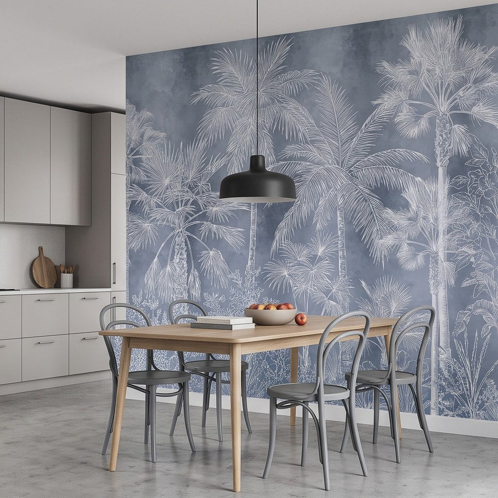 Blue and white palm tree botanical wall mural with large fronds and thin trunk lines