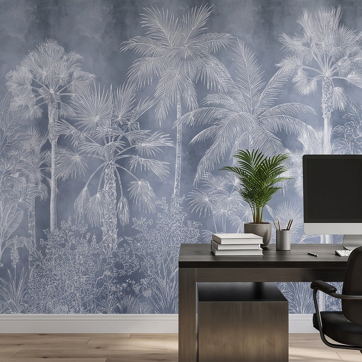 Blue and white palm tree jungle wall mural with delicate botanical linework