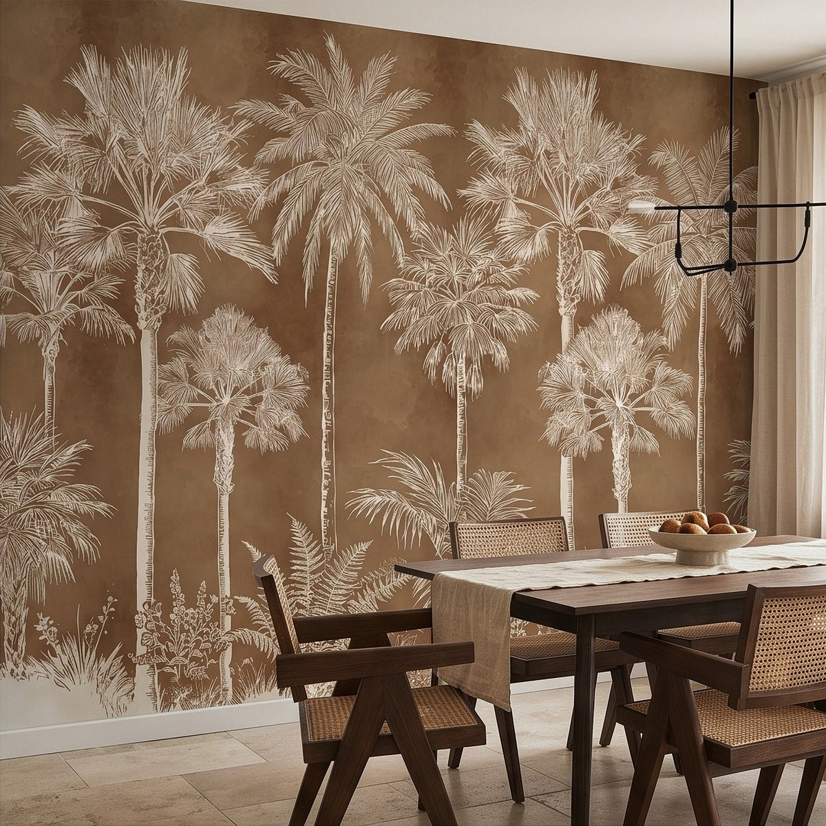 Tropical palm wall mural on warm brown background with white botanical fronds
