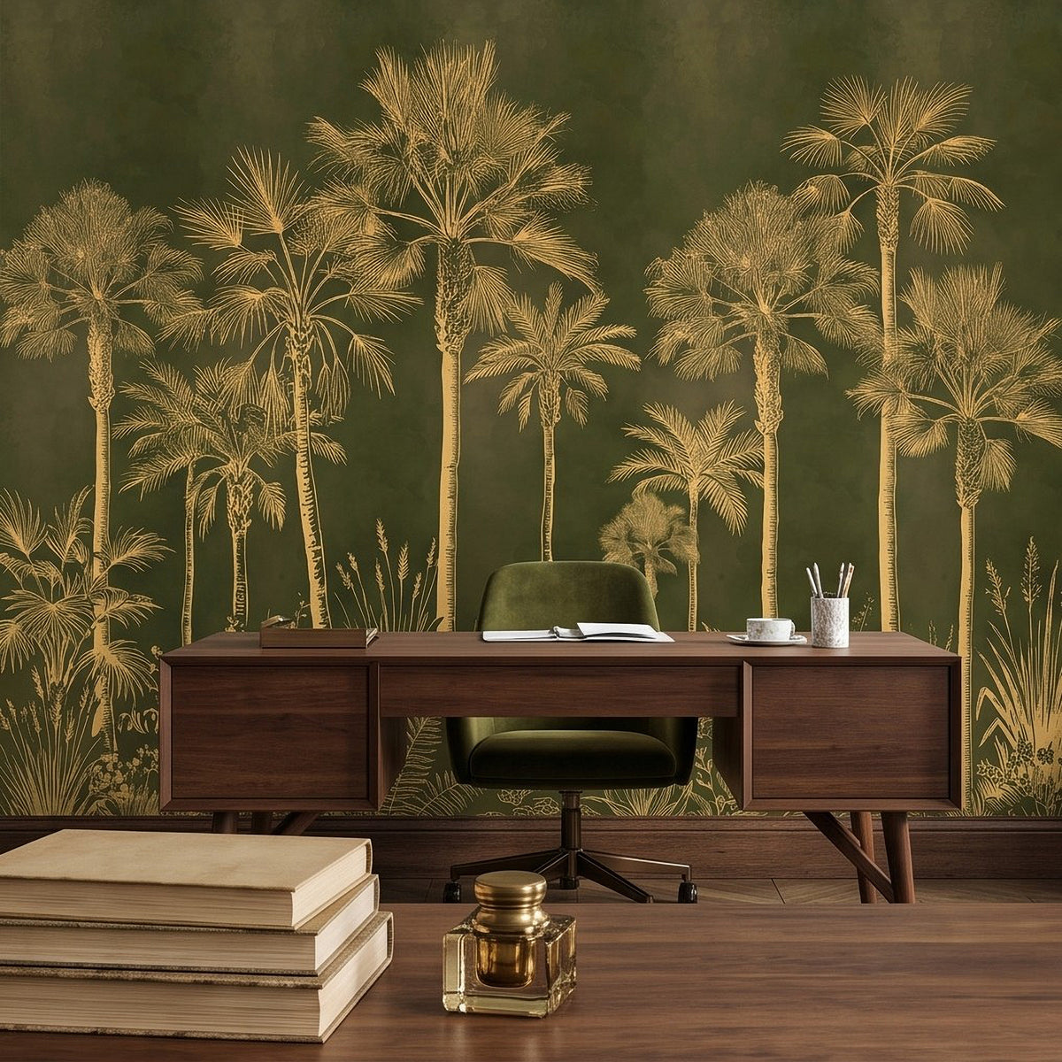 Olive green tropical wall mural with golden palm trees behind a wooden desk