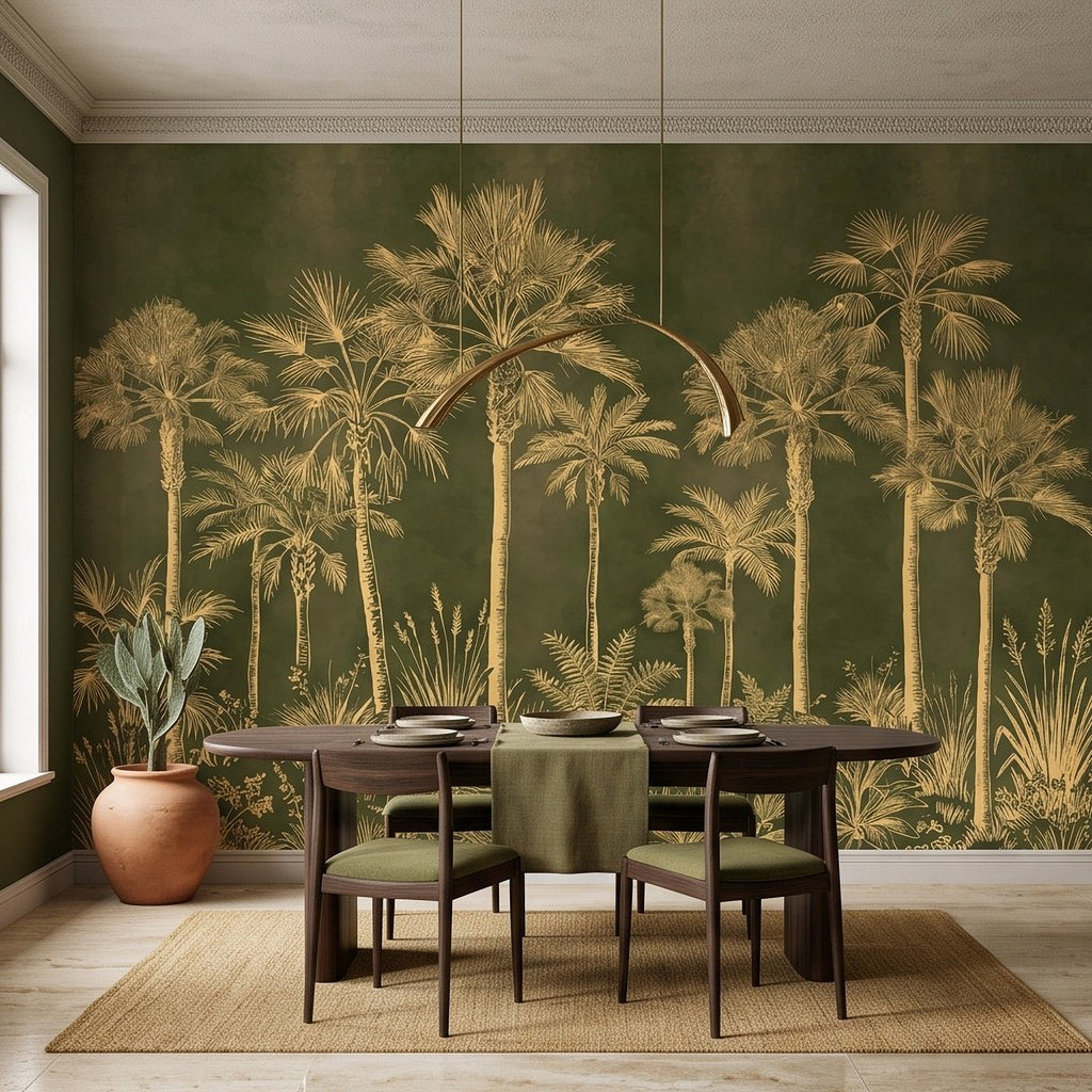 Olive green wall mural with golden palm tree canopy and layered tropical foliage