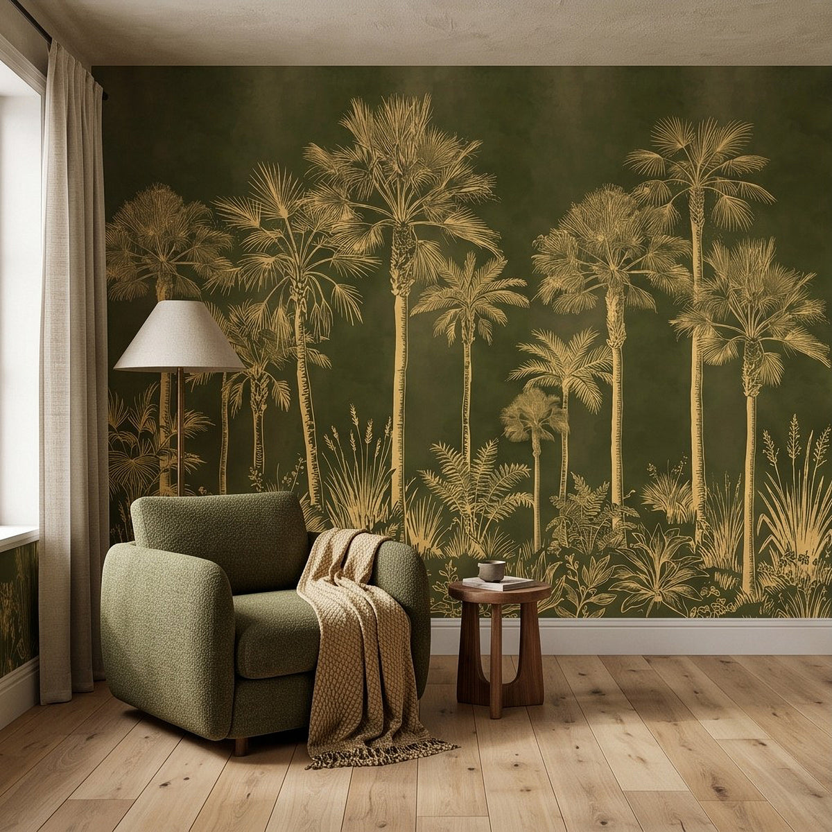 Olive green tropical wall mural with golden palm trees on the living room wall