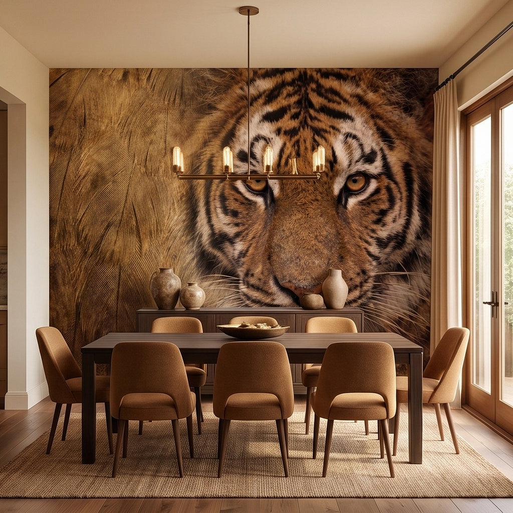 Tiger face wall mural with brown wood-texture backdrop