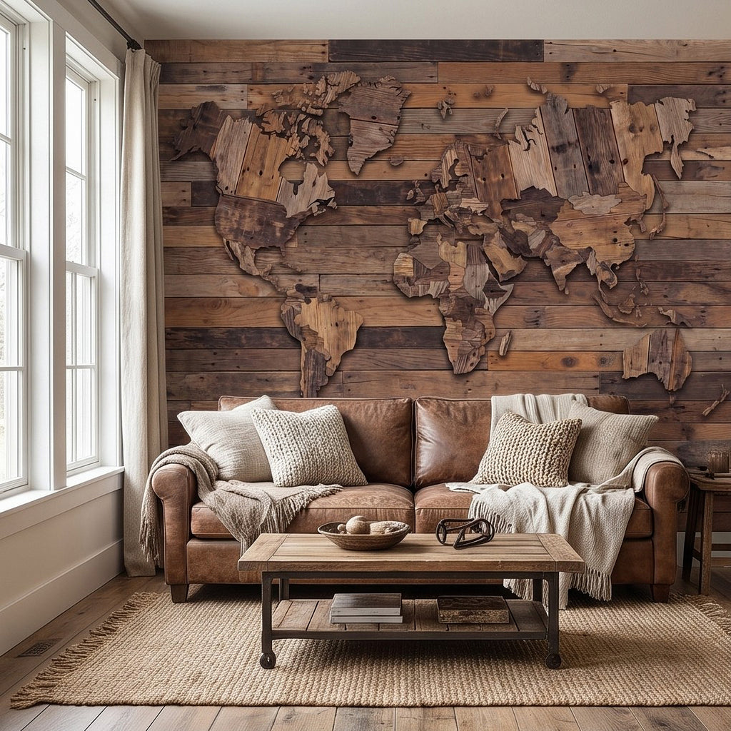 Wood-plank world map wall mural with carved continents on reclaimed timber planks