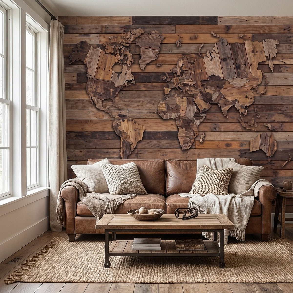Wood-plank world map wall mural with carved continents on reclaimed timber planks