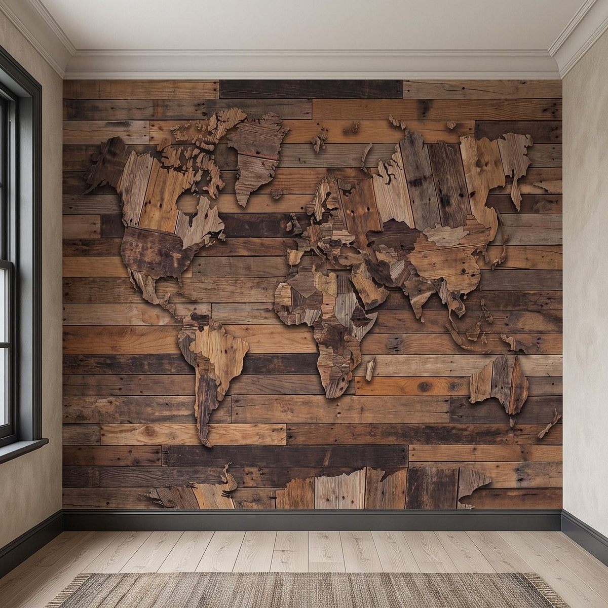 Wood world map wall mural across reclaimed timber plank wall