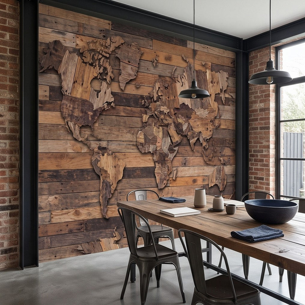 Wood-plank world map wall mural with weathered continent relief across reclaimed planks