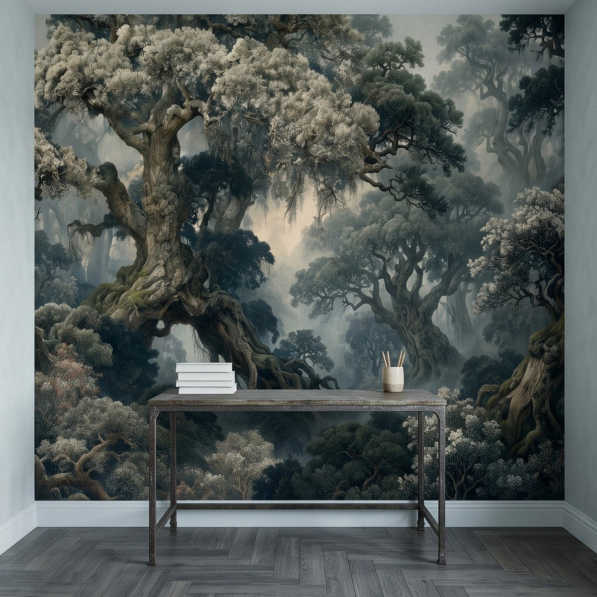 Dark misty forest wall mural with ancient trees and layered foliage