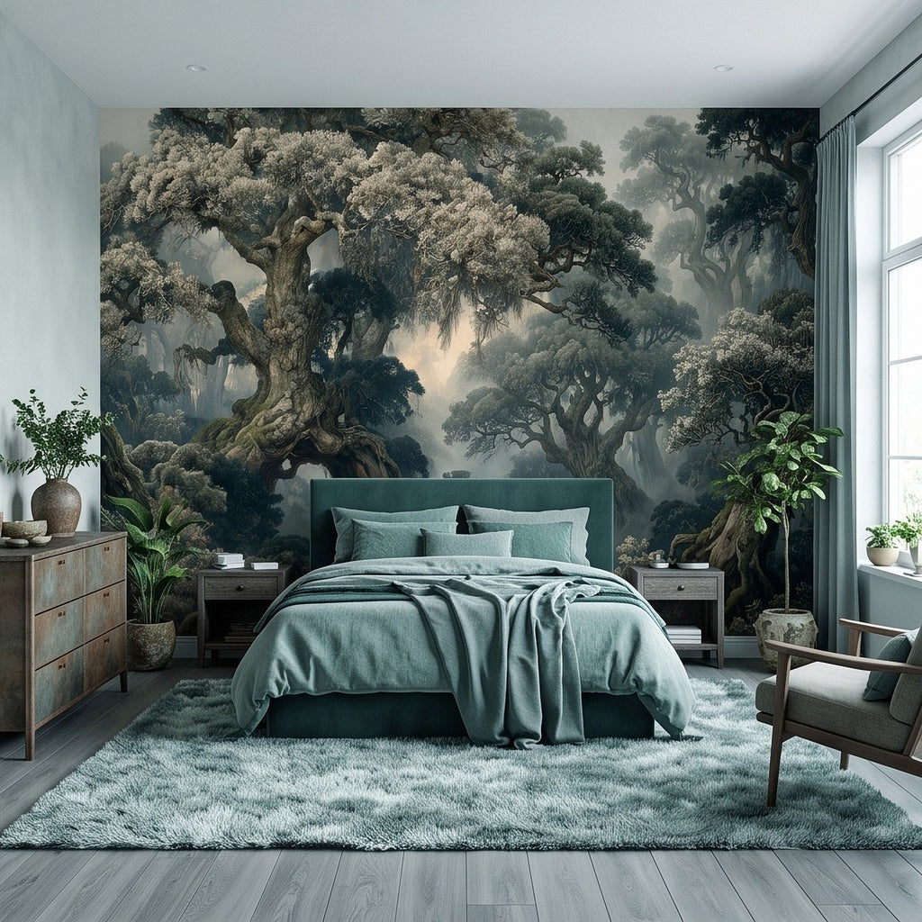 Wall mural featuring misty ancient forest trees behind a bed