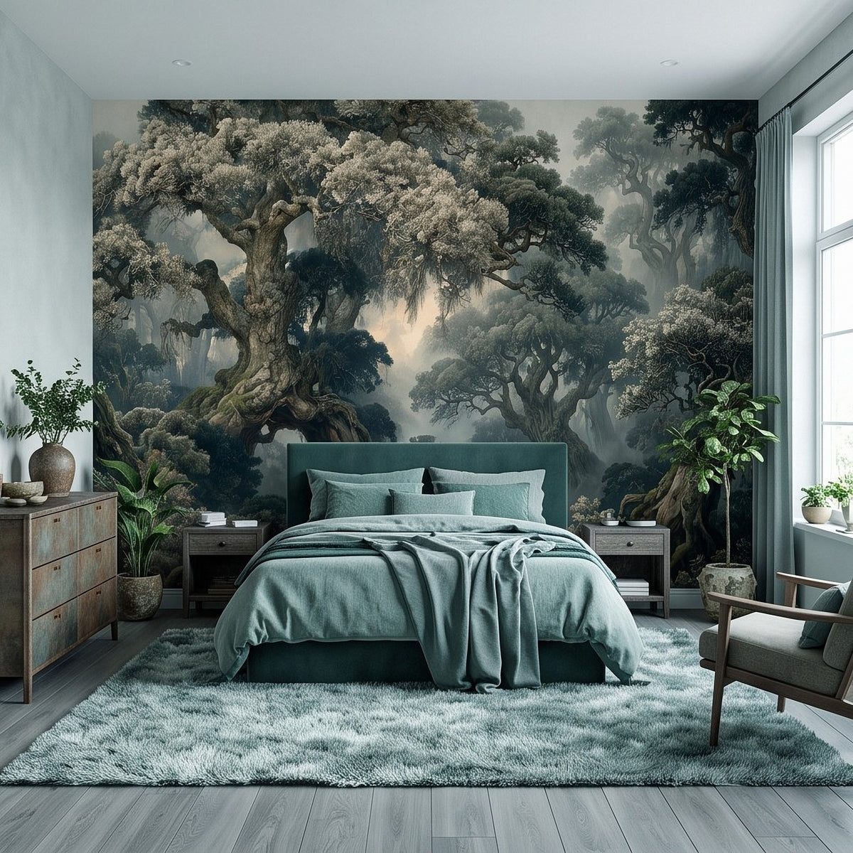 Wall mural featuring misty ancient forest trees behind a bed