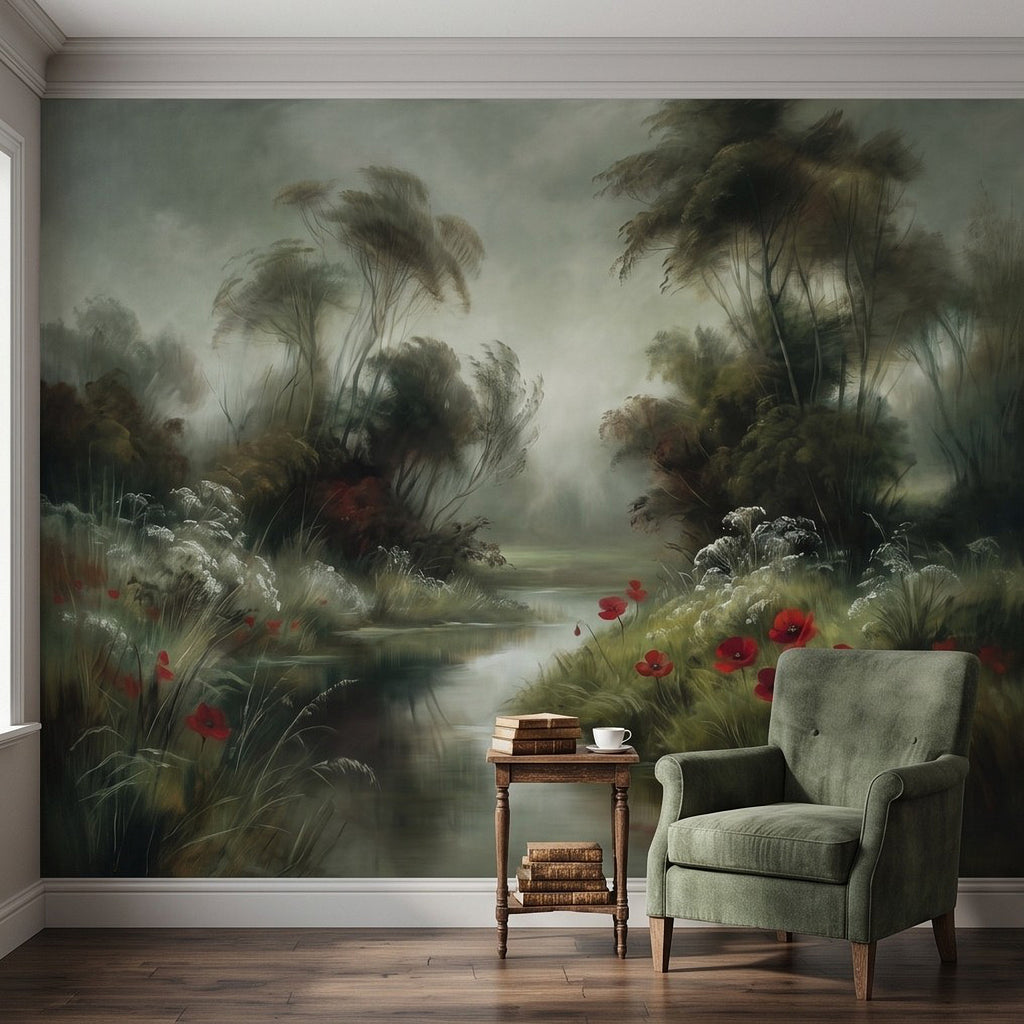 Nature wall mural featuring misty forest, winding creek, and red poppy blooms