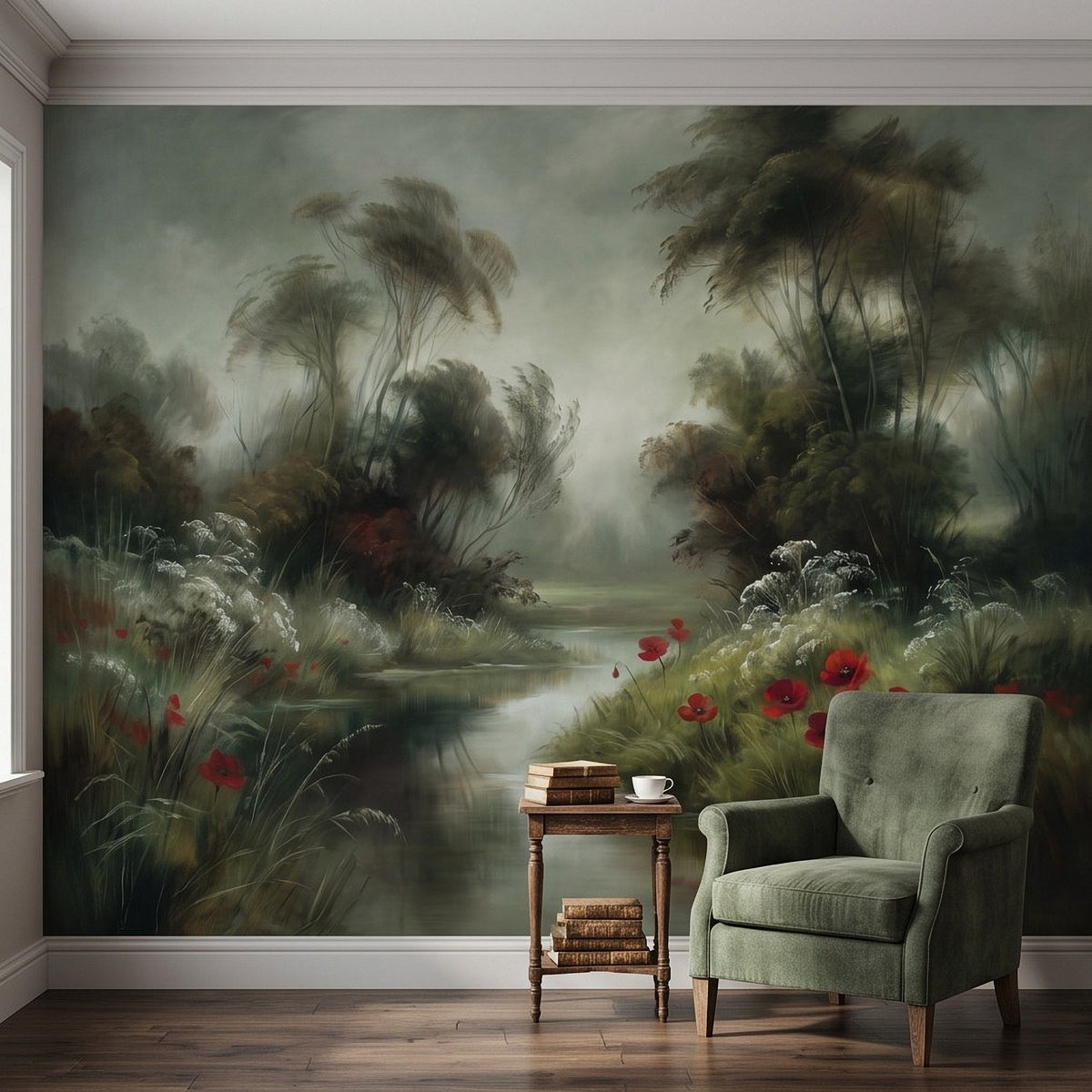 Nature wall mural featuring misty forest, winding creek, and red poppy blooms