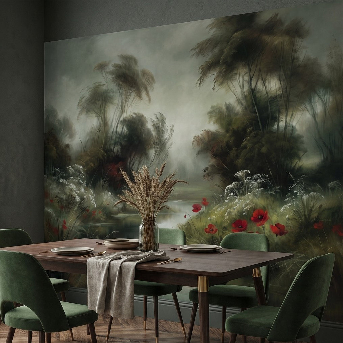 Forest landscape wall mural with tall trees, red flowers, and a quiet creek