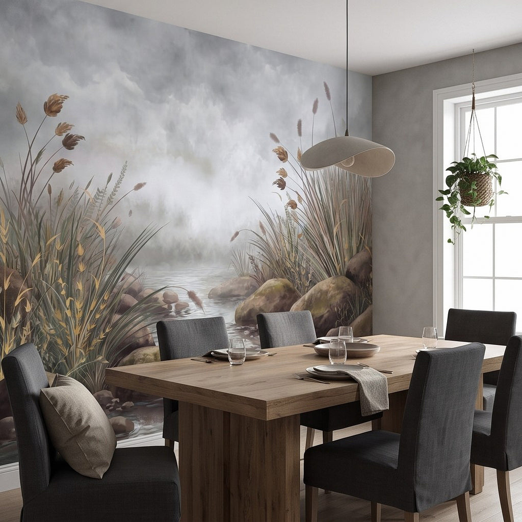 Tranquil stream wall mural with foggy sky, reeds, and rocks behind a dining table