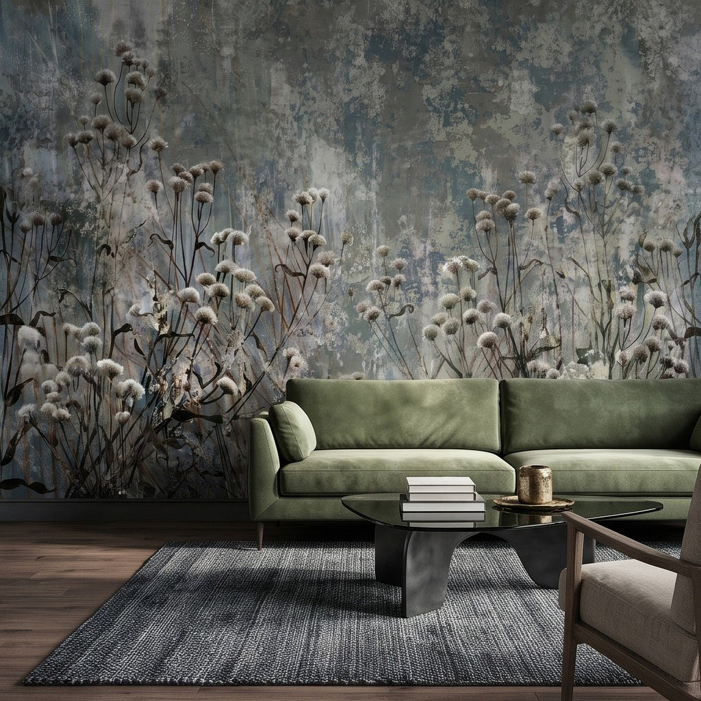 Botanical wall mural featuring white seed-pod blossoms across a blue-gray distressed wall
