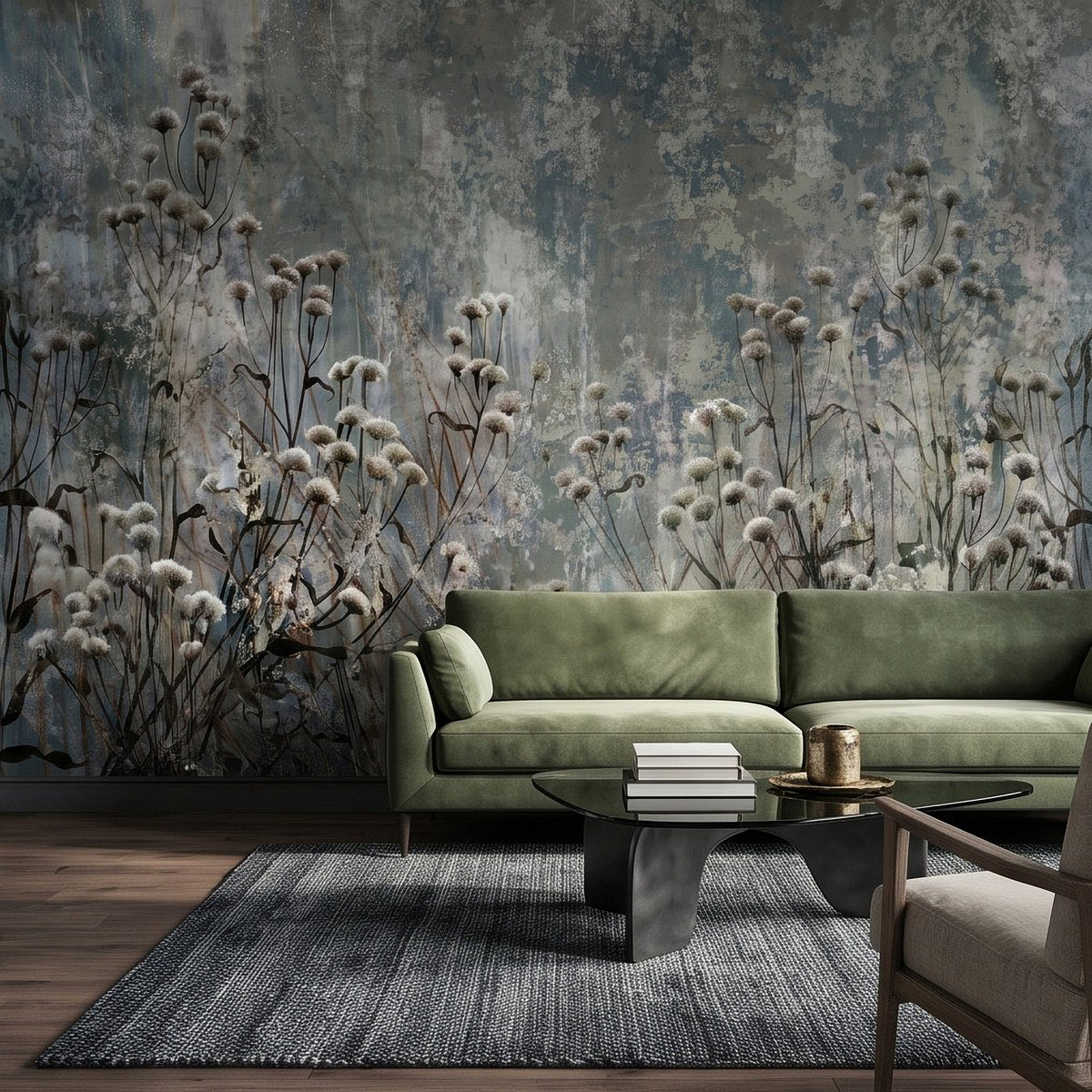 Botanical wall mural featuring white seed-pod blossoms across a blue-gray distressed wall