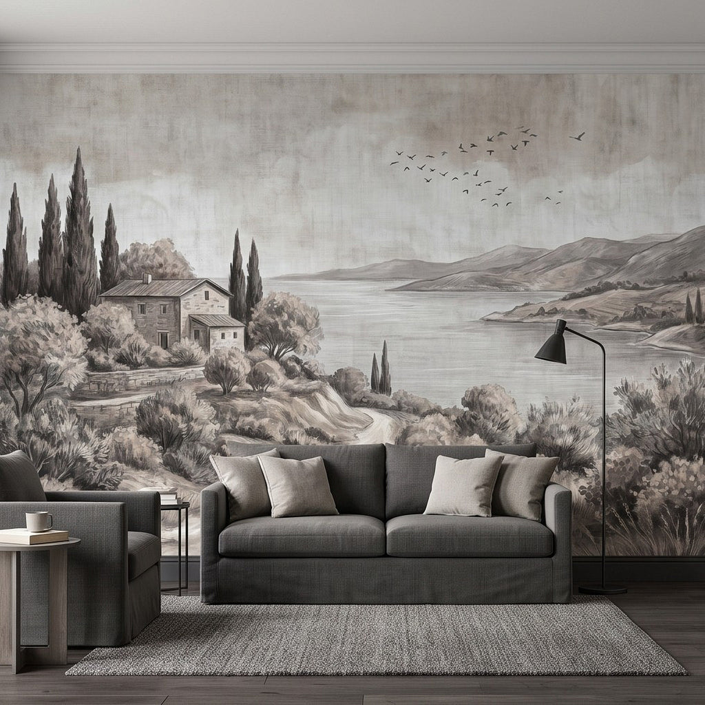 Black-and-white lakefront landscape wall mural with village, cypress trees, and distant mountains