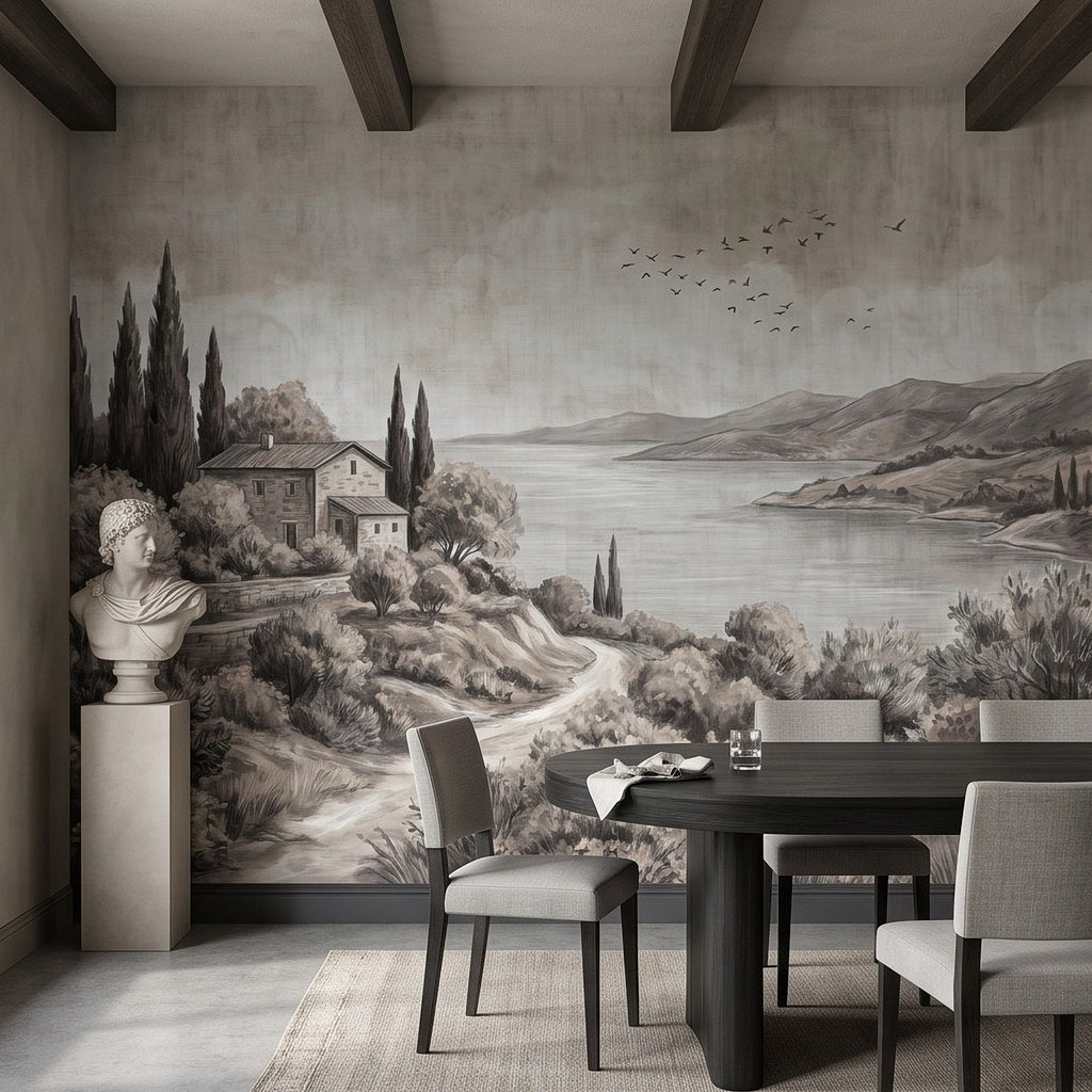 Monochrome countryside wall mural with river, hills, village buildings, and cypress trees