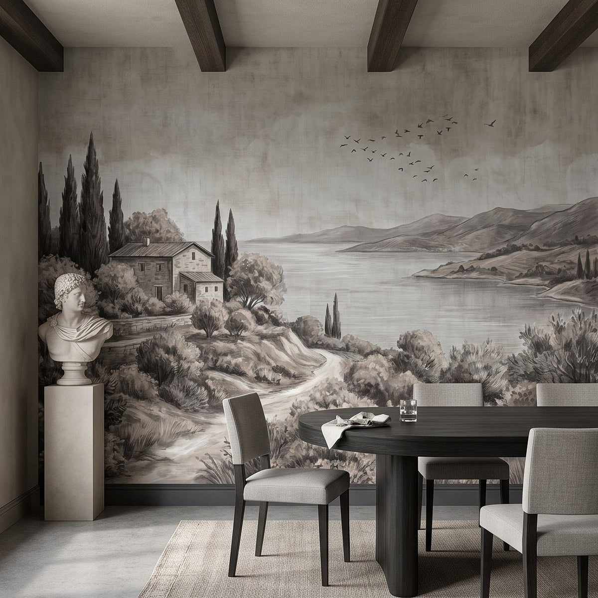 Monochrome countryside wall mural with river, hills, village buildings, and cypress trees