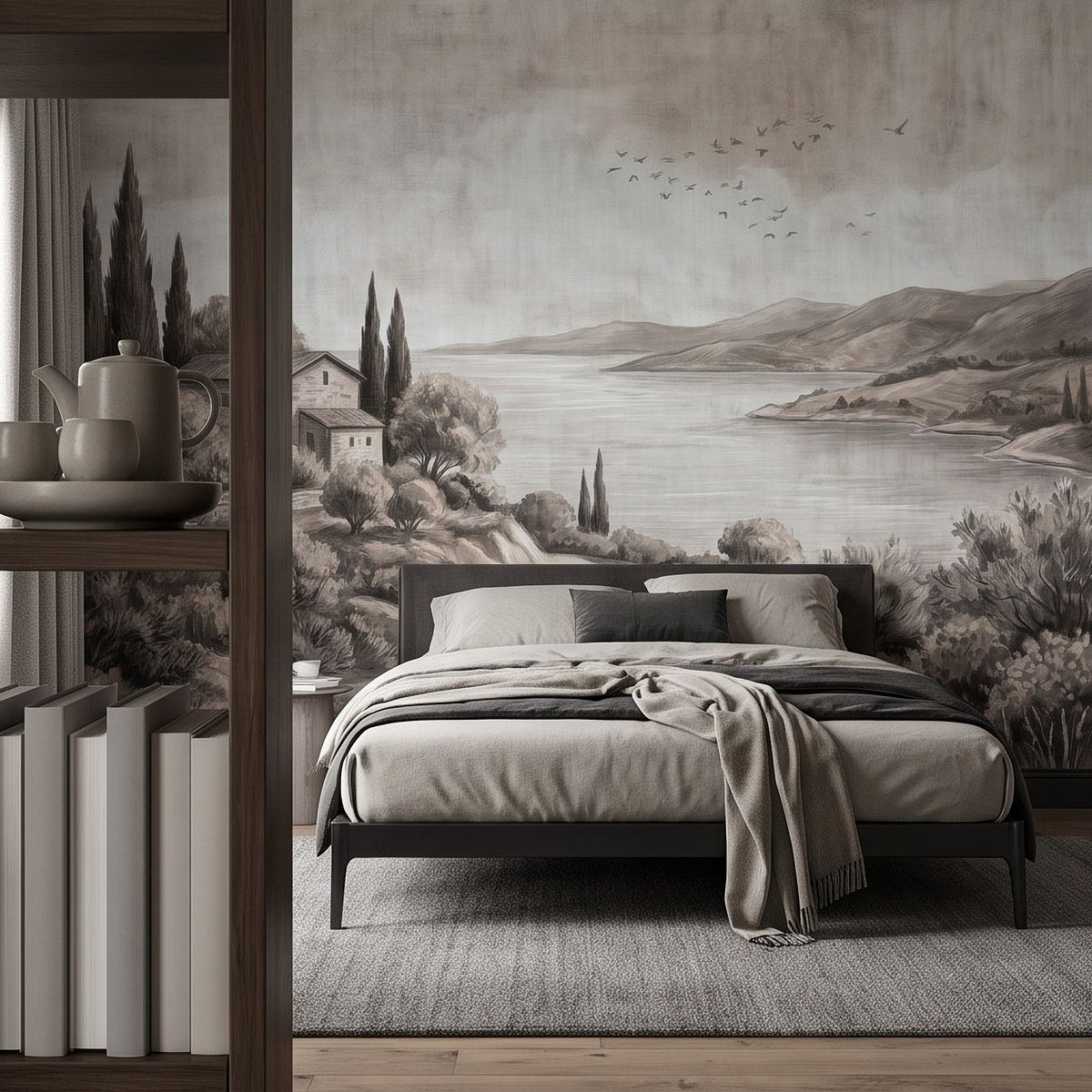Monochrome countryside wall mural showing villa, cypress trees, hills, and lake shore