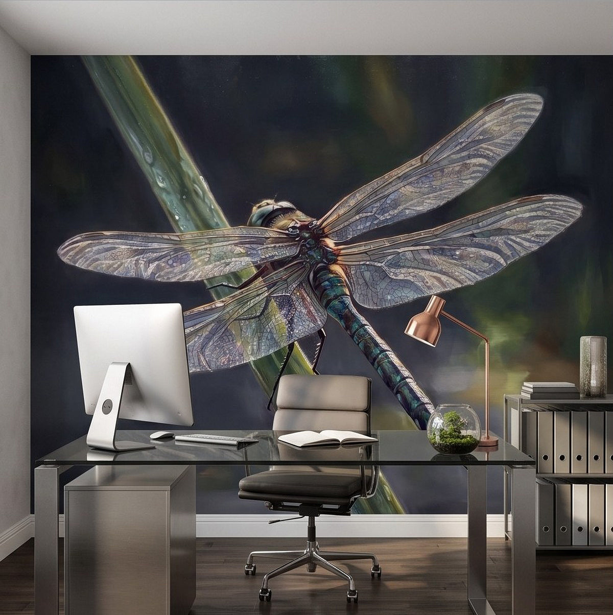 Dragonfly wall mural with iridescent dragonfly wings and green stem on dark wall
