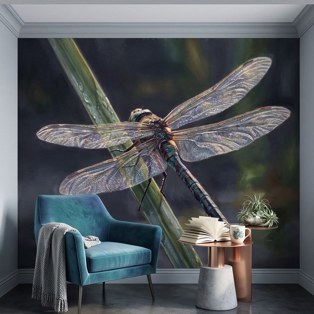 Dragonfly wall mural with iridescent wings and long green stem, decorative wall art