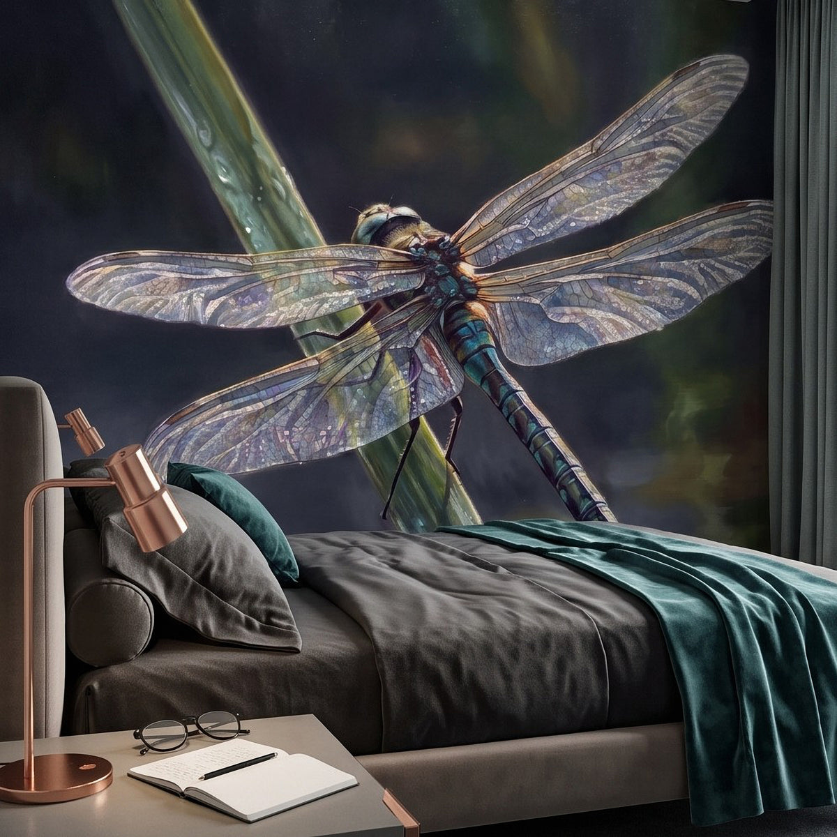 Dragonfly botanical wall mural featuring iridescent blue wings and dark green stem design