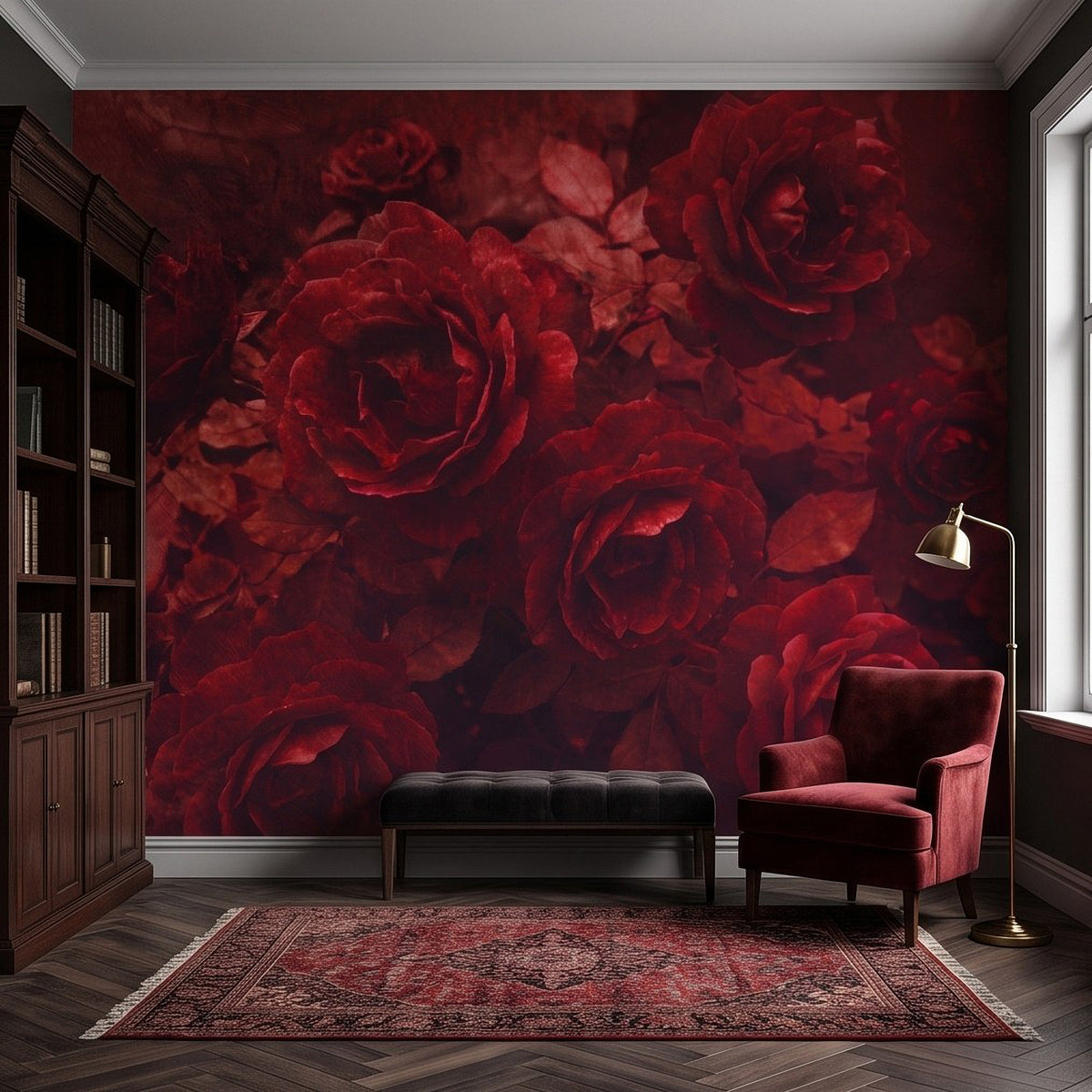 Dark red rose botanical wall mural on the wall behind a sofa and velvet chair