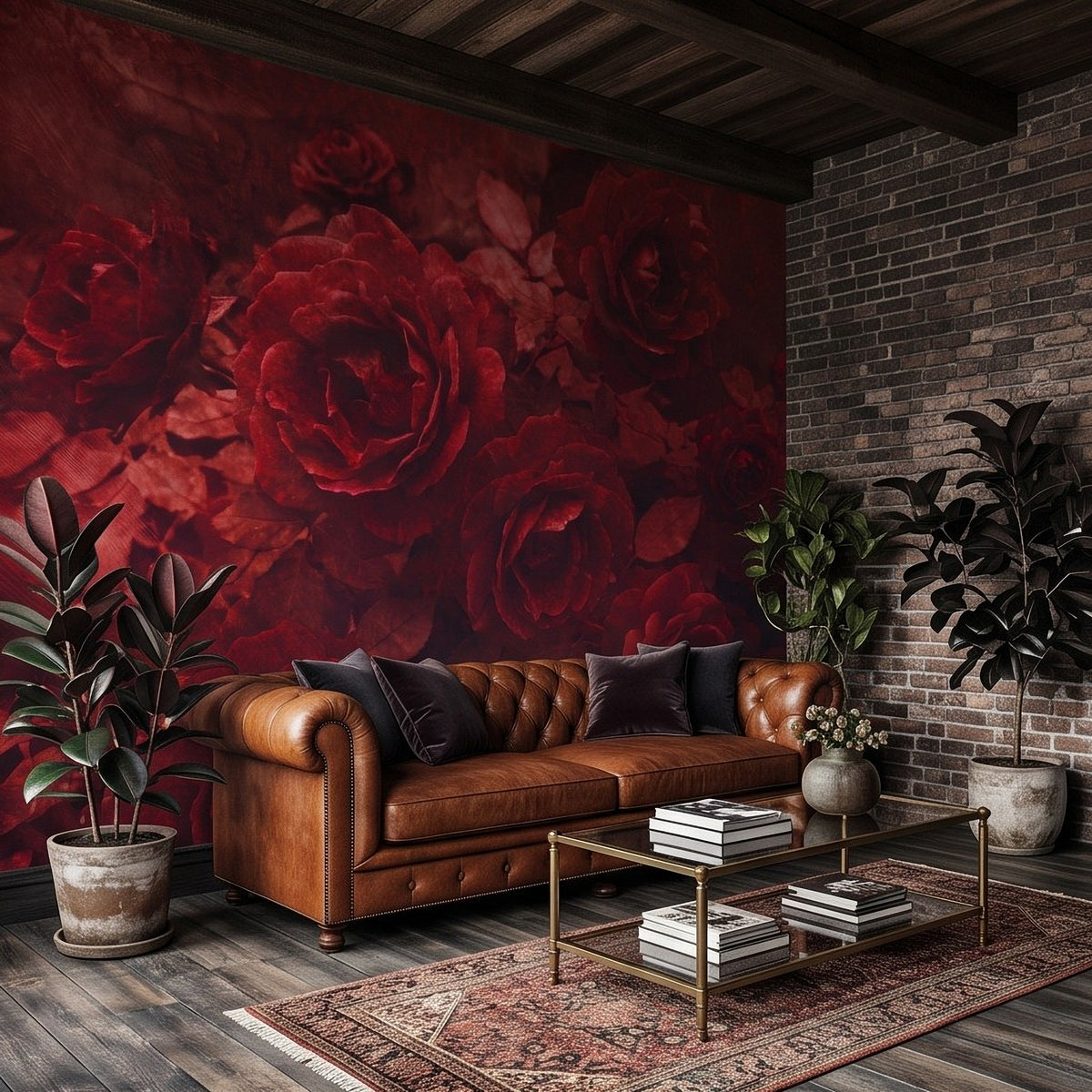 Red rose botanical wall mural with dark crimson flower cluster design