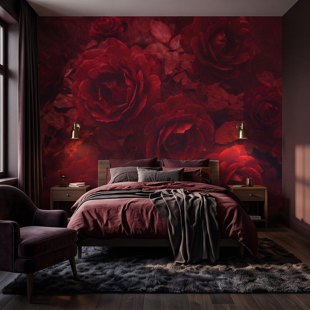 Red rose botanical wall mural covering the room wall with dark crimson blooms