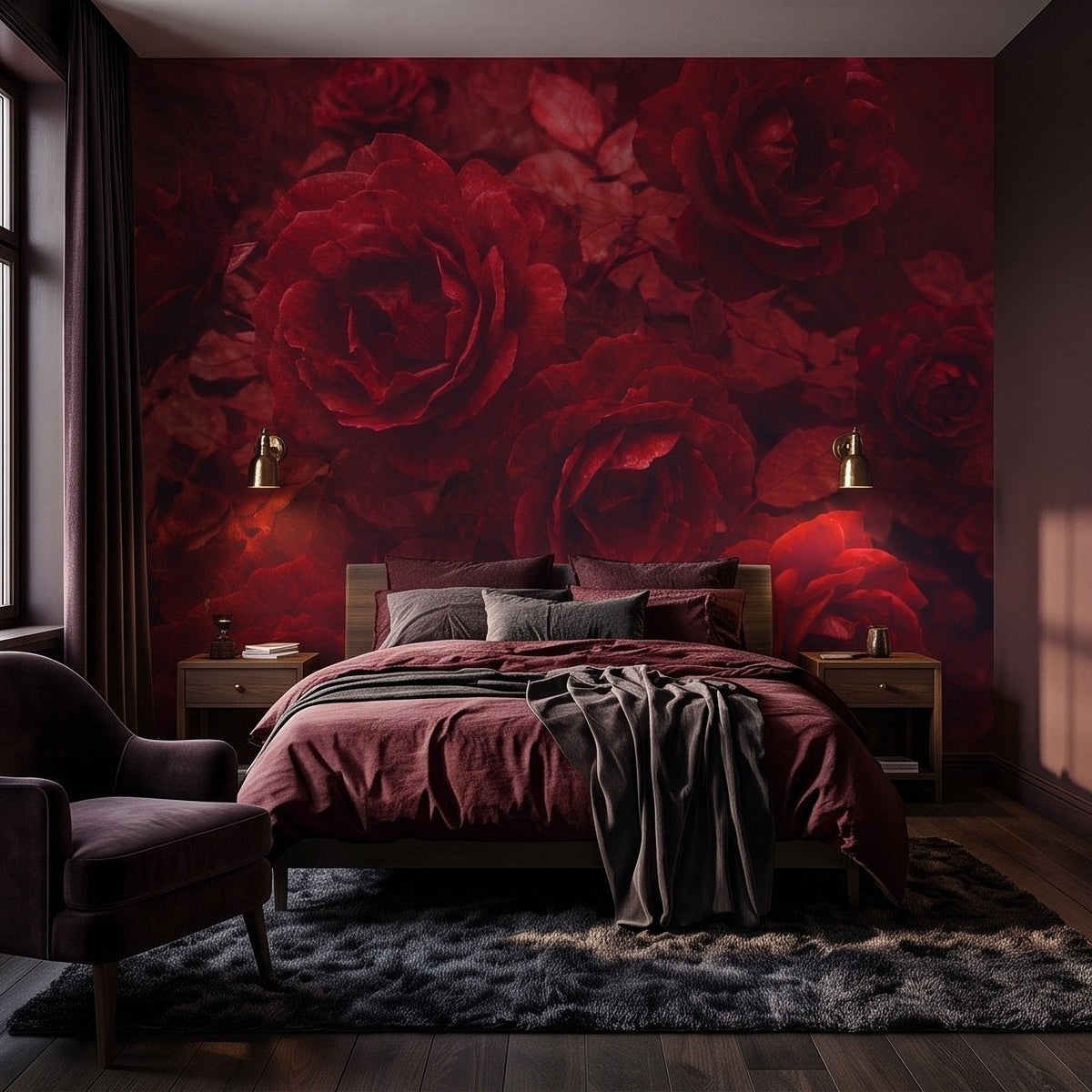 Red rose botanical wall mural covering the room wall with dark crimson blooms