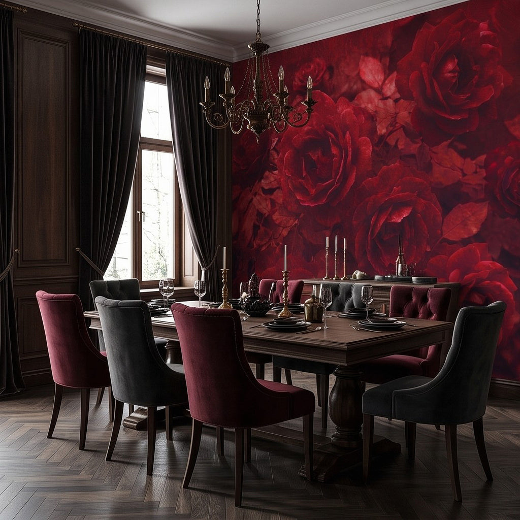 Crimson rose wall mural backdrop behind dining area with textured floral pattern