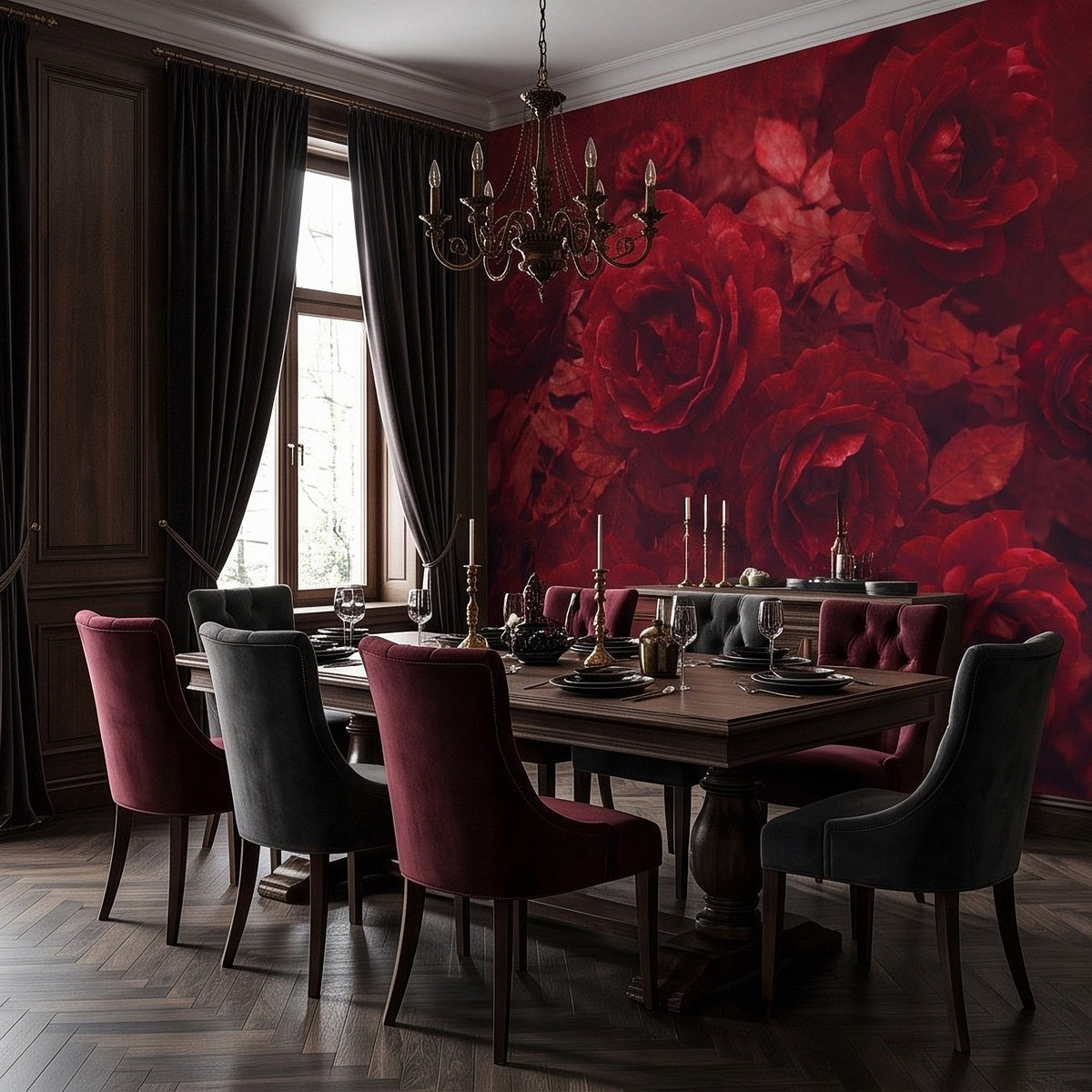 Crimson rose wall mural backdrop behind dining area with textured floral pattern