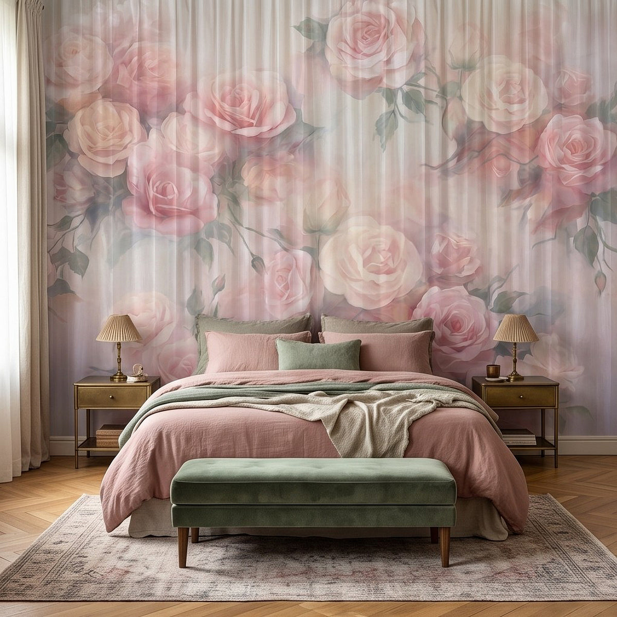 Botanical wall mural with watercolor pink roses and delicate green foliage in a repeating pattern