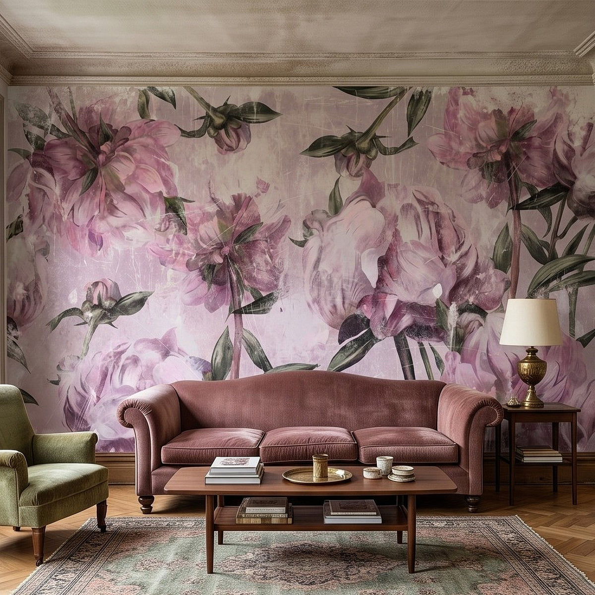 Purple peony botanical wall mural with green leaves on pale background, vintage distressed print