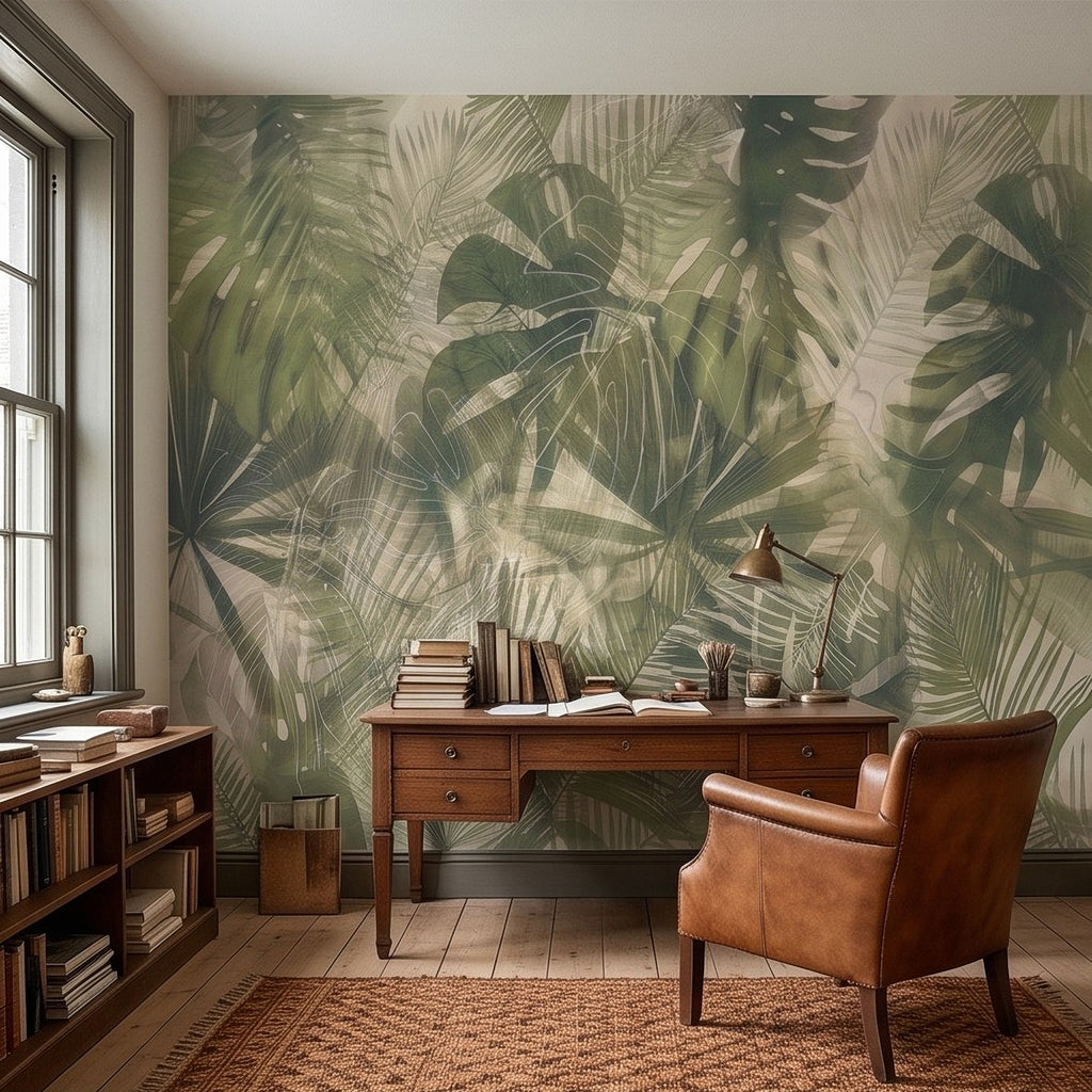 Large tropical leaf wall mural with sage and olive palm fronds and pale overlays