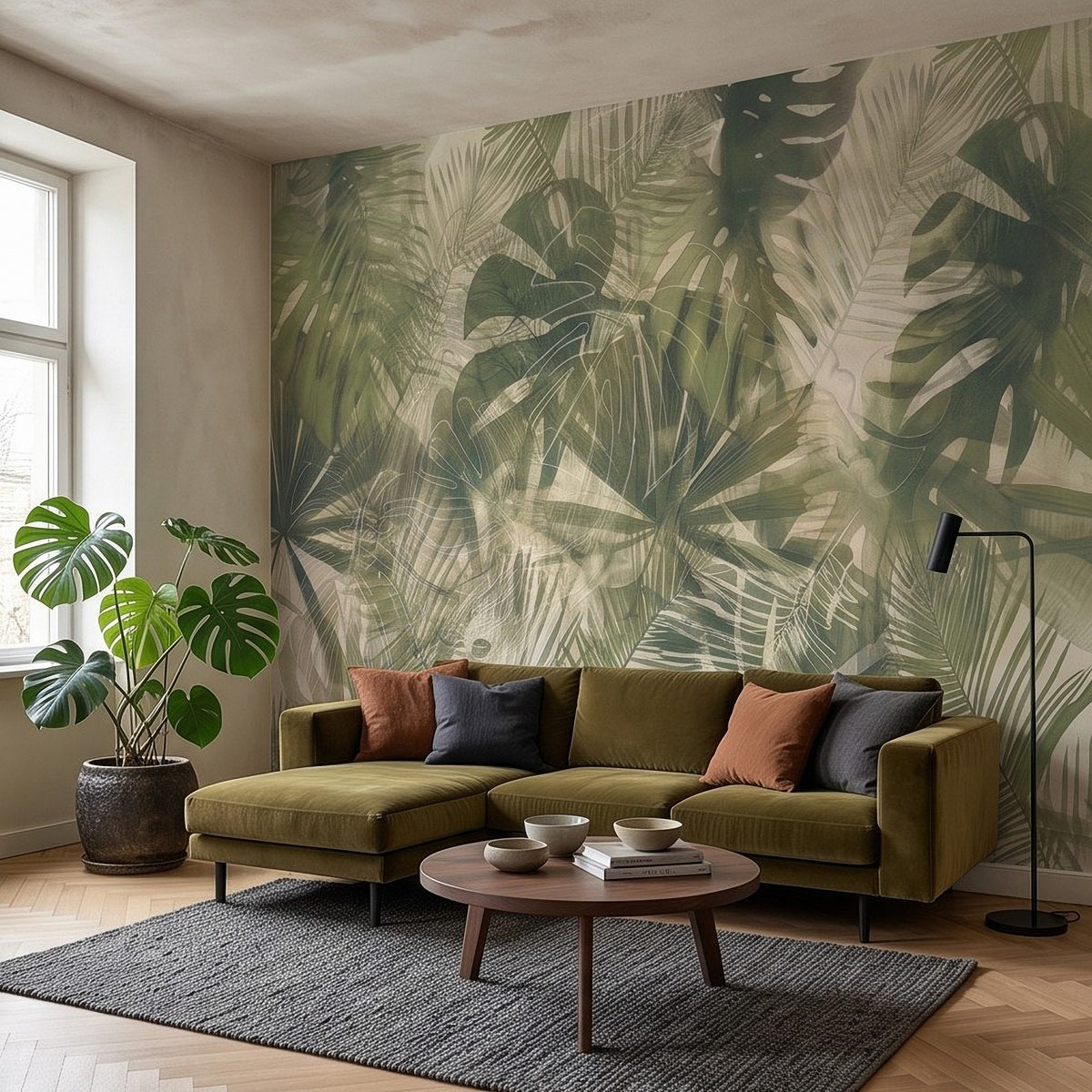 Tropical palm frond wall mural in sage, olive, and light cream tones