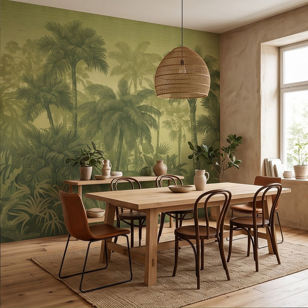 Olive green tropical palm jungle wall mural on a wall with hanging pendant light