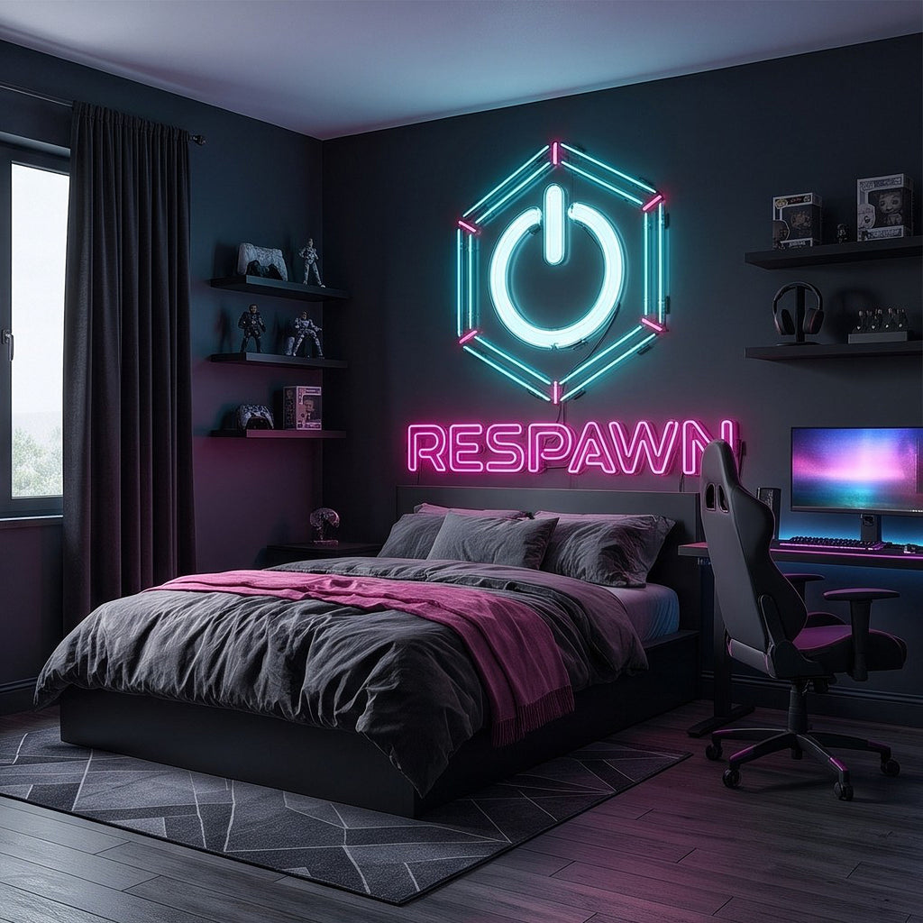Neon power icon hexagon and 'RESPAWN' gaming wall mural above a dark bedroom bed